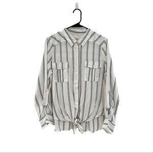 Thread & Supply Striped Tie Front Long Sleeve Button Down Pocket Shirt